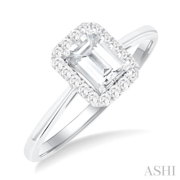 6x4 MM Octagonal Shape White Topaz and 1/6 Ctw Round Cut Diamond Halo Semi-Precious Ring in 14K White Gold